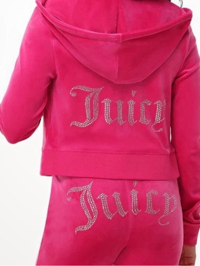 Juicy Couture Women’s Vixen Pink Rhinestone Logo Velour Hoodie & Joggers Sz L